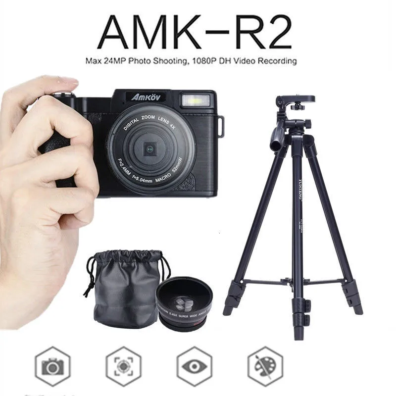 

AMKOV DSLR Cameras 3.0" TFT Rotatable Screen 1080P HD 24MP Digital Camera +Wide-angle Lens+VCT-520 Tripod DSLR+Card Reader