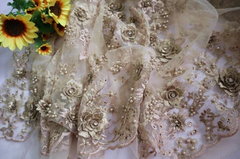 

champagne gold 3D flowers lace fabric, gold 3d floral embroidered lace fabrics, bridal lace fabric