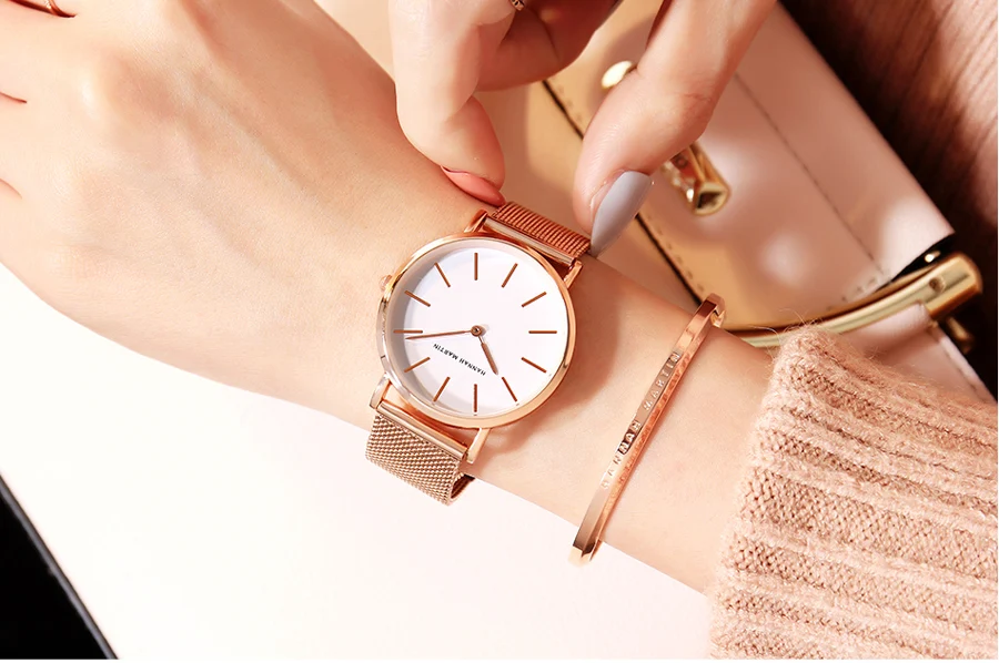 HANNAH Martin женские модные часы-браслет из розового золота Женские сетчатые наручные часы из нержавеющей стали водонепроницаемые серебряные минималистичные часы
