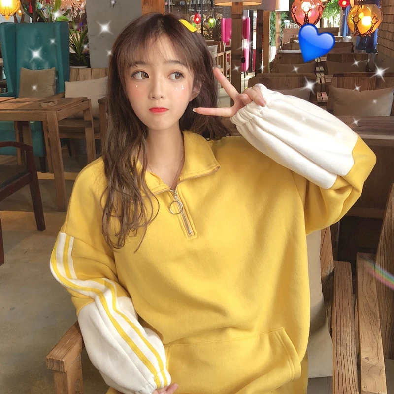 2 цвета Mihoshop Ulzzang Корейская женская модная одежда с отворотом на молнии свободные