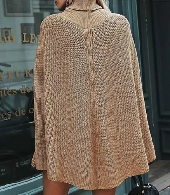Autumn Winter Women Turtleneck Capes Casual Pullover Knitting Sweater Shawl Loose Plus size Solid color Poncho Coat cape femme