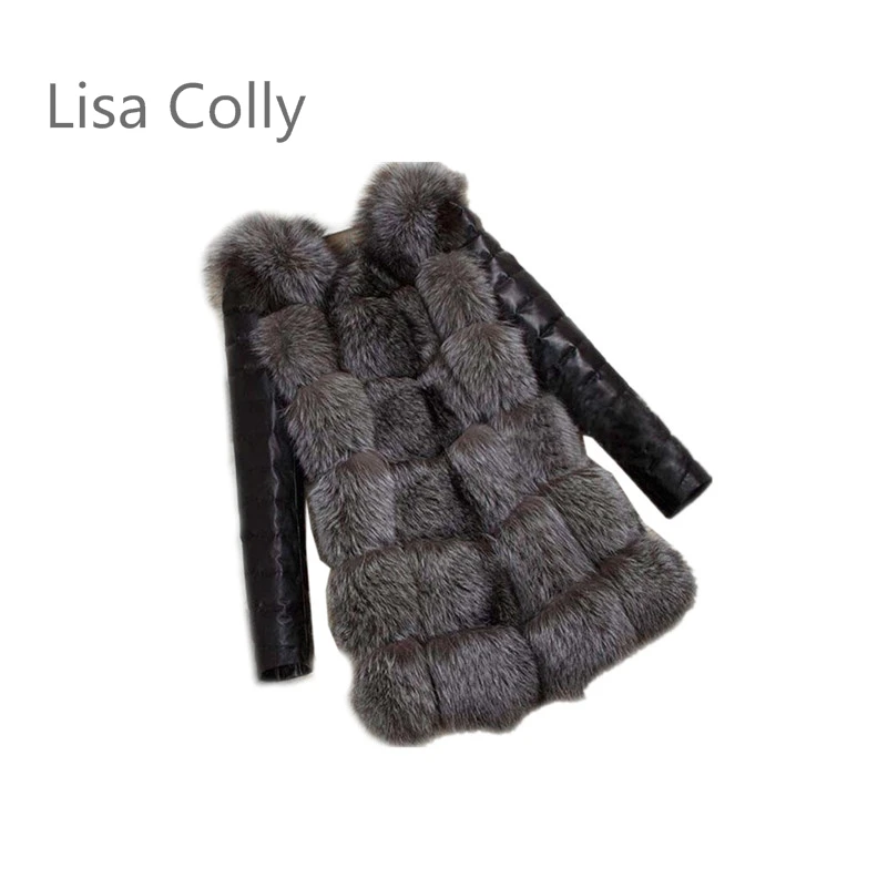 

2016 new high imitation silver fox fur coat women Fake fur vest PU sleeves warm winter coat fox coat S-4XLSize women overcoat