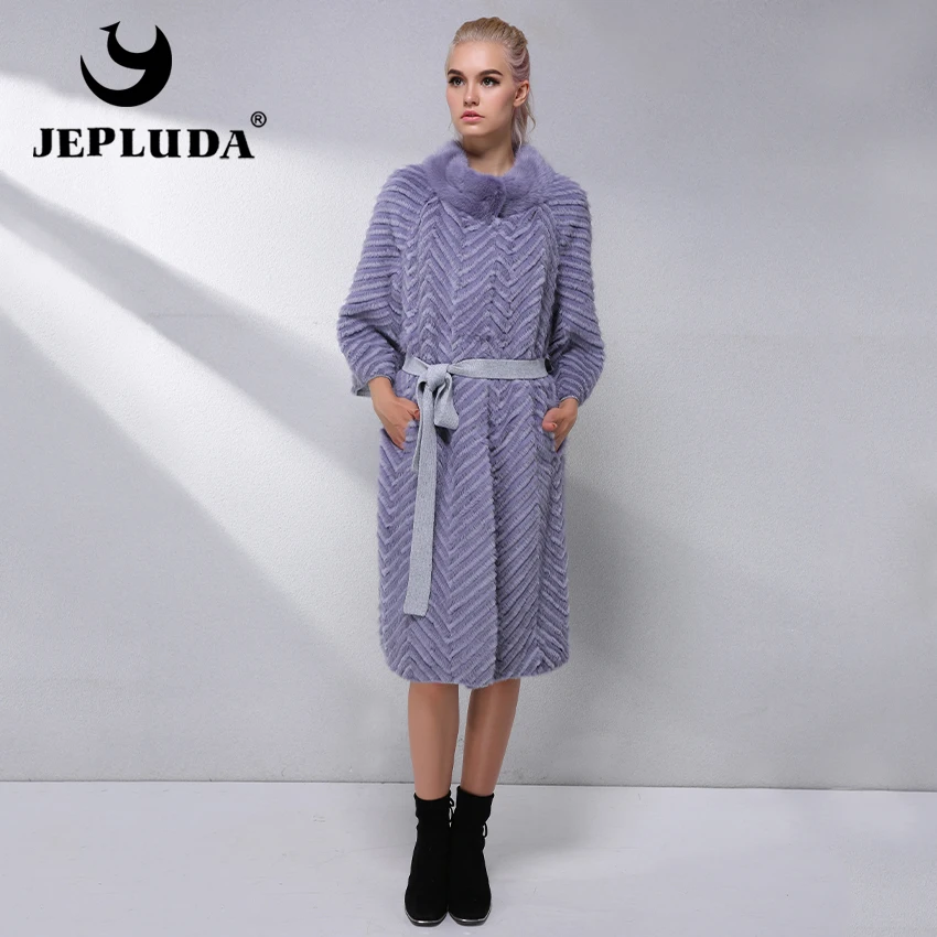 JEPLUDA Норковая Шуба Натуральный Мех с Воротник Приталенный Длительный Вязаная