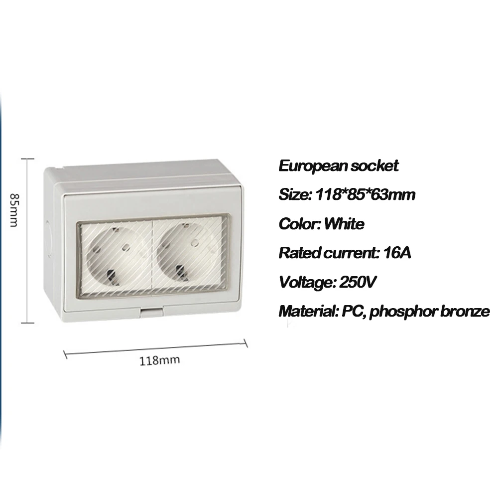 Настенная розетка, стандарт ЕС, розетка, белая панель, водонепроницаемая, AC 110~ 250V 16A, настенная розетка, наружная электрическая вилка