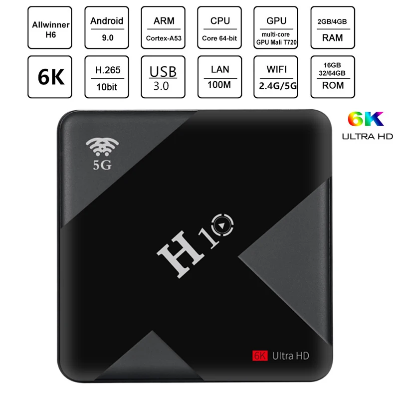 

H10 Smart Tv Box Android 9.0 4GB 64GB Allwinner H6 Quad Core 2.4&5G Wifi Youtube 6K H.265 USB3.0 Netflix PK Q PLUS Set Top Box