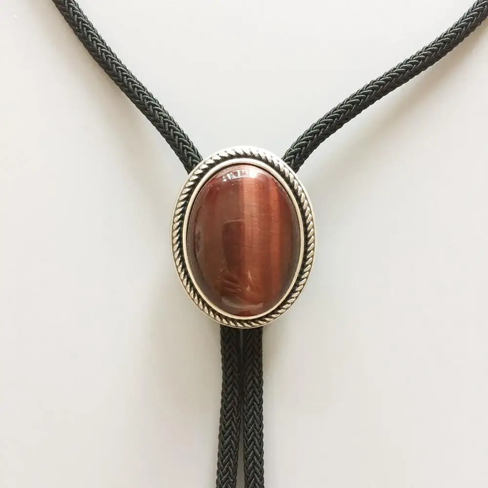 

New Original Vintage Silver Plated Nature Red Tiger Eye Stone Western Oval Bolo Tie BOLOTIE-024 also Stock in US