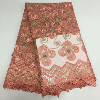 

high quality nigerian french lace gold 3d flowers embroidered beads tulle lace fabric for wedding dress,2019 African lace fabric