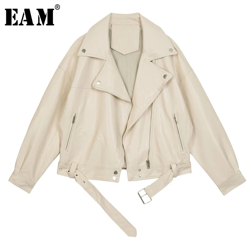 

[EAM] 2019 New Autumn Winter Lapel Long Sleeve Apricot Pu Leather Loose Big Size Short Jacket Women Coat Fashion Tide JX445