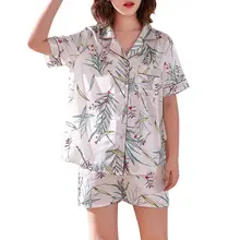 Женский летний Шелковый пижамный комплект для девочек с принтом и коротким рукавом, костюм для сна, ночная рубашка, короткие штаны, пижама с воротником-стойкой