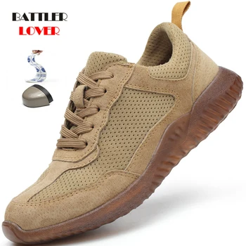 

Men Summer Safety Protection Protector Boots Mens Genuine Leather Steel Toe Shoes Breathable Deodorant Non-slip Work Shoes 36-45