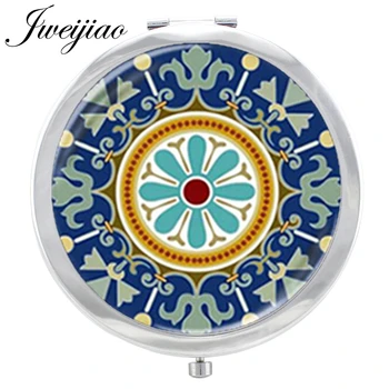 

JWEIJIAO Fashion Mandala Henna Zen Pattern Glass Cabochon Makeup Mirror geometry women Beauty Tools Floding Round Pocket Mirror