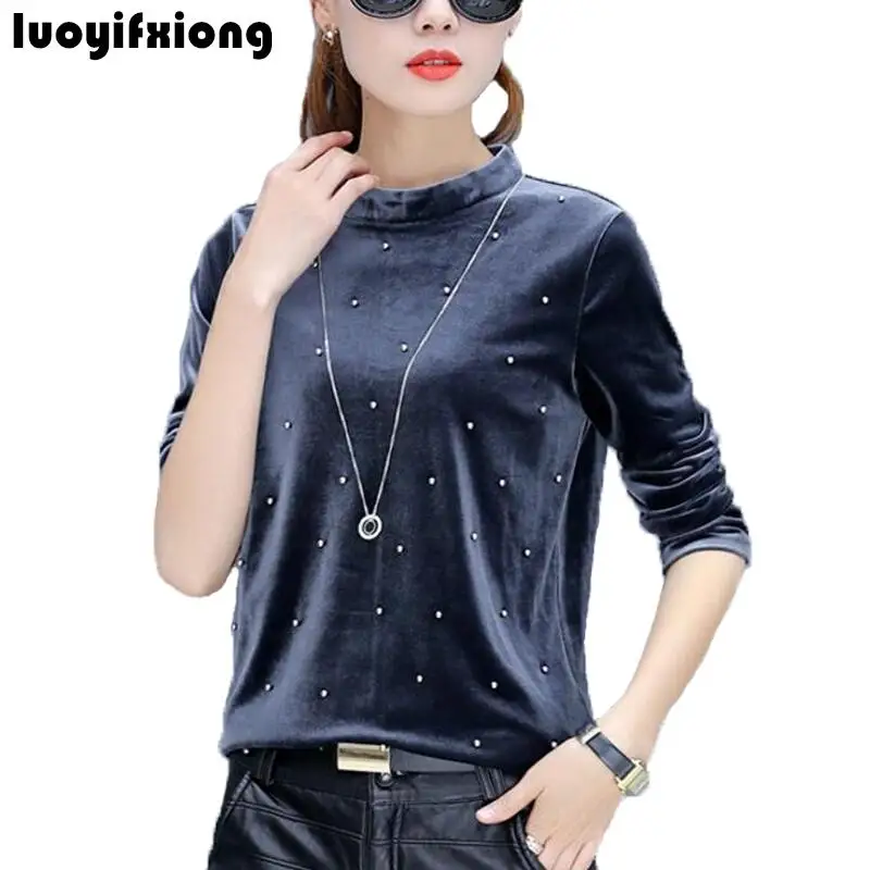 Tanie Pearl Frezowanie Bluzki 2018 Jesień Kobiety Velvet Bluzka Z Długim Rękawem Casual Shirt Kobiet Topy O neck Eleganckie Panie Camisas Mujer