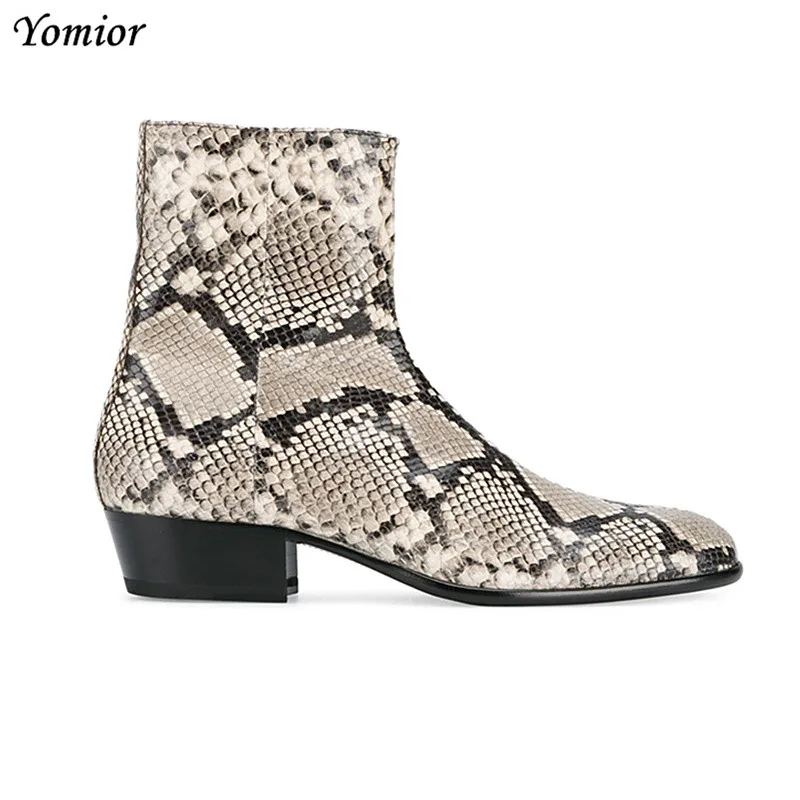 - 2019 Genuine Leather Pointed Toe Men Ankle Boots Alligator Snakeskin Plaid Sexy Leopard Print Luxury Platform Chelsea Boots