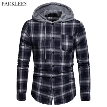 

Fashion Checkered Shirt Men 2019 Spring New Hooded Plaid Shirt Men Long Sleeve Chemise Homme Casual Streetwear Shirt with Pocket