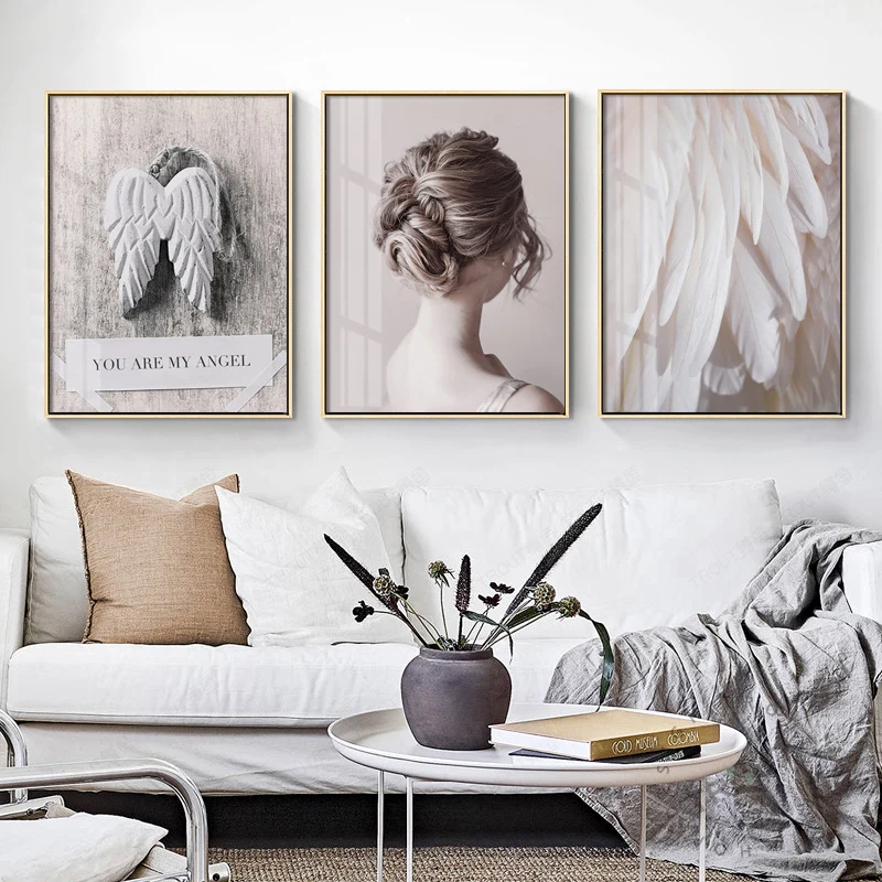 

Maeham Nordic Decoration creative feather wings girl Wall Art canvas Posters Prints Painting Picture Character Decor Picture
