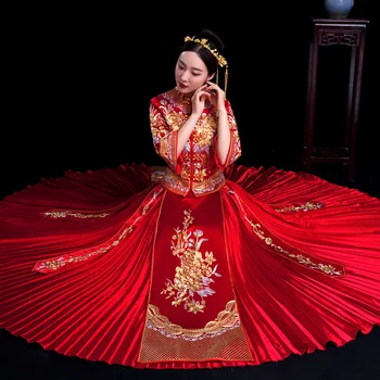 

Vintage Chinese Overseas Wedding Qipao Elegant Flower Embroidery Women Cheongsam Marriage Suit Oriental Bride Formal Dress