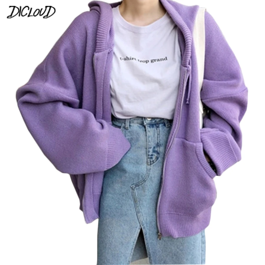 Fashion Korea Loose Sweater Woman New Autumn Simple Solid Color Hooded Knit Cardigan Elegant Bat Sleeve Long Cardigan Coat