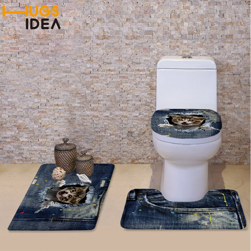 

HUGSIDEA 3pcs/set 3D Cat Animal Print Padded Toilet Seat Cover Set Fashion Non-slip Mat Santa Toilet Lid Cover Mats and Rugs