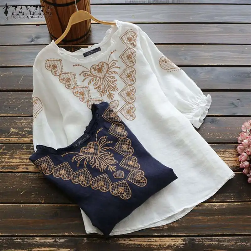  ZANZEA Women Embroidery Blouse Ruffles Tops Summer Half Sleeve Cotton Linen Shirt Vintage Party Blu