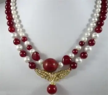 

natural Nice popular jewellry two-row white pearl and red gem necklace Fine Plated Bridal wide watch wings queen