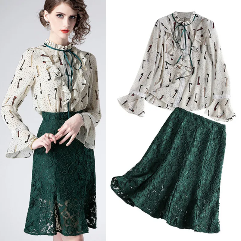 

Women Graceful Spring Twinsets Ruffles Bows Flare Sleeve Shirts Retro Flowers Print Blouse Tops Green Lace OL Skirts Suits NS640