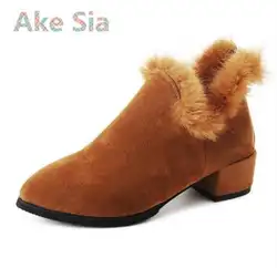 Ake Sia/осенне-зимние полусапожки на низком каблуке с острым носком в европейском стиле, бархатная теплая плюшевая обувь в британском стиле, #98