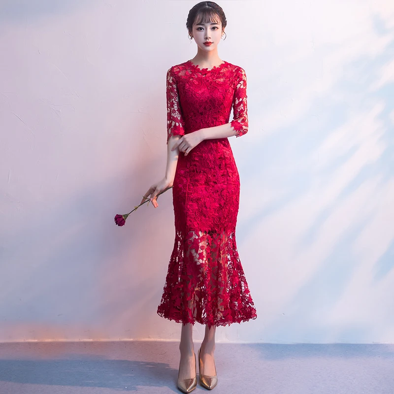 Красные вечерние Длинные Cheongsam кружевное сексуальное тонкое платье свадебное платье в китайском стиле Весенняя женская одежда Vestido