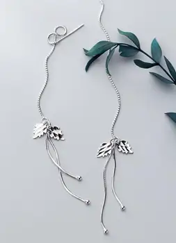 

Real. 925 Sterling Silver Fine jewelry Leaf &lucky ball Tassel long earrings Threader pull through women's gift GTLE2713