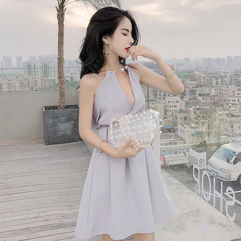 Halter Backless Sexy Women Dress Elegant Pearl Chain V Neck Sleeveless Evening Party Club Summer Dress Vestidos Female