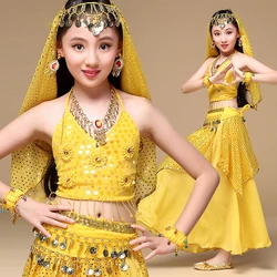 Children Indian Dance 5-piece Costume Set (Top, Belt, Skirt Bracelets and veil) Indian Girls Bollywood Dance Costumes Children Indian Dance 5-piece Costume Set (Top, Belt, Skirt Bracelets and veil) Indian Girls Bollywood Dance Costumes