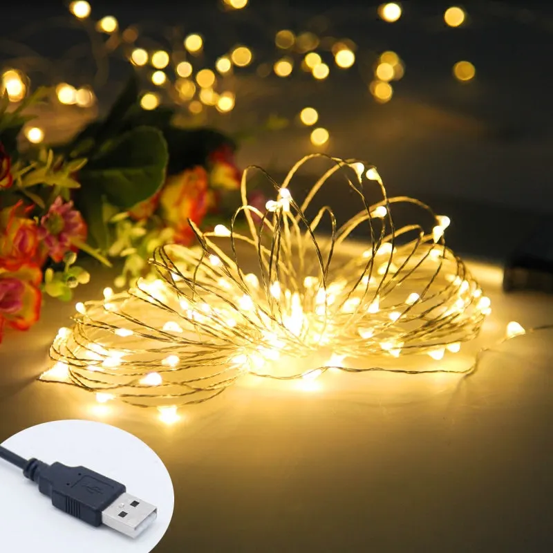

2019 New Year USB Powered 5M 10M LED String lights Copper Silver Wire Fairy Garland For Wedding Christmas Home Indoor Decoration