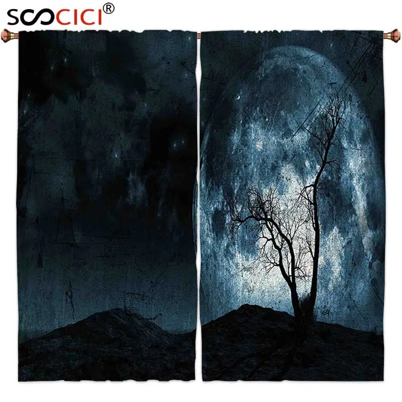 

Window Curtains Treatments 2 Panels,Fantasy Night Moon Sky with Tree Silhouette Gothic Halloween Colors Scary Artsy Background