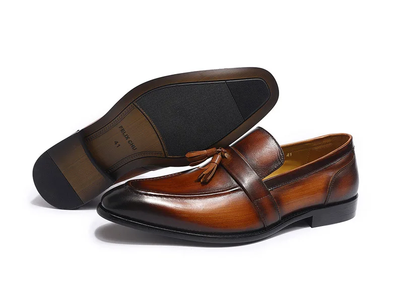 FELIX CHU/мужские лоферы с кисточками, Раскрашенные вручную; цвет коричневый, черный; мужские свадебные модельные туфли без застежки из натуральной кожи; повседневная обувь в деловом стиле