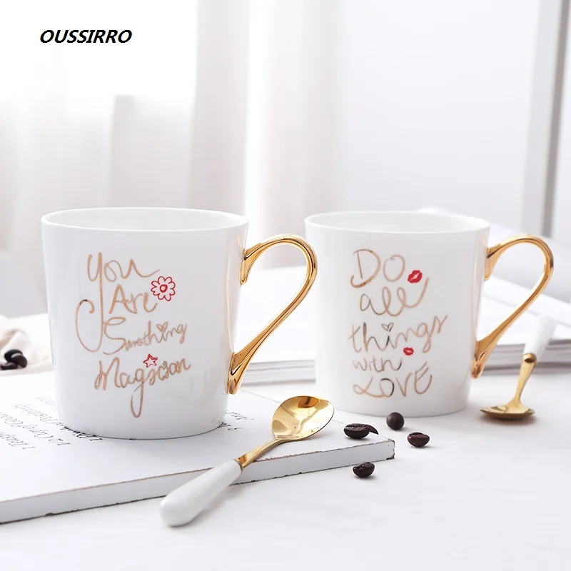 OUSSIRRO Gold Handgrip ceramics Bone China Coffee Mugs With spoon
