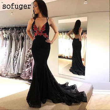 

Black Long Mermaid Sleeveless Evening Dresses Lace Appliques Backless Robe De Soiree Straps Arabic Muslim Special Occasion