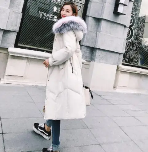 off white Женская зимняя куртка с капюшоном, пальто, длинная парка, новинка, искусственный мех, хлопок, верхняя одежда, парки, толстые теплые куртки выше колена w742 - Цвет: off white