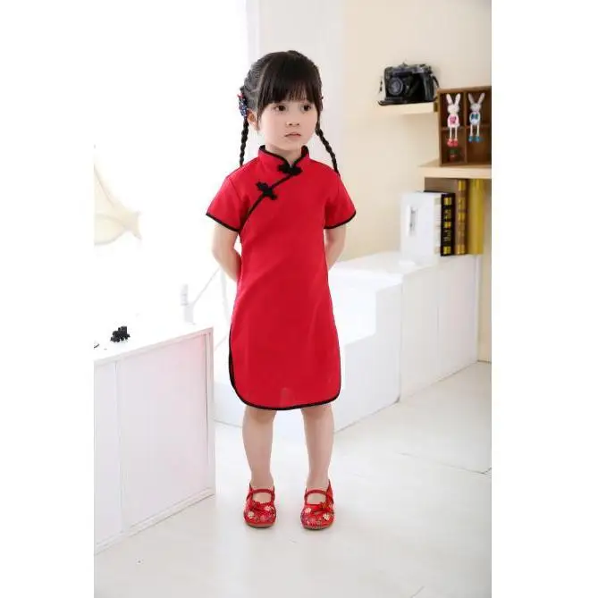 Китайское платье для маленьких девочек одежда Ципао летнее стильное детское хлопковое традиционное платье с короткими рукавами Вечерние новогодние платья для детей - Цвет: red