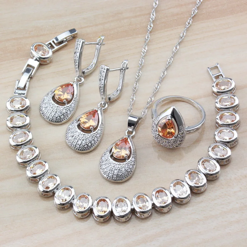 

Fabulous Water Drop Champagne Cubic Zircon 925 Silver Jewelry Sets For Women Costume Dangle Earrings/Necklace/Bracelet/Ring