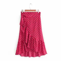 Элегантная розовая красная юбка для женщин, каскадные оборки в горошек с бантом, пояса с бантом, весна-осень, модные повседневные миди юбки