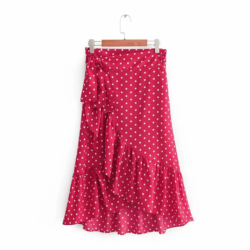 

Elegant Rose Red Skirt Women Cascading Ruffles polka dots with bow knot sashes Spring Autumn fashion Casual midi skirts Vestidos