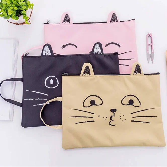 1PC Kawaii Kitty Cat Cute ZiP Fabric File Folder Document Notebook Organizer Handbag Students Office Stationery