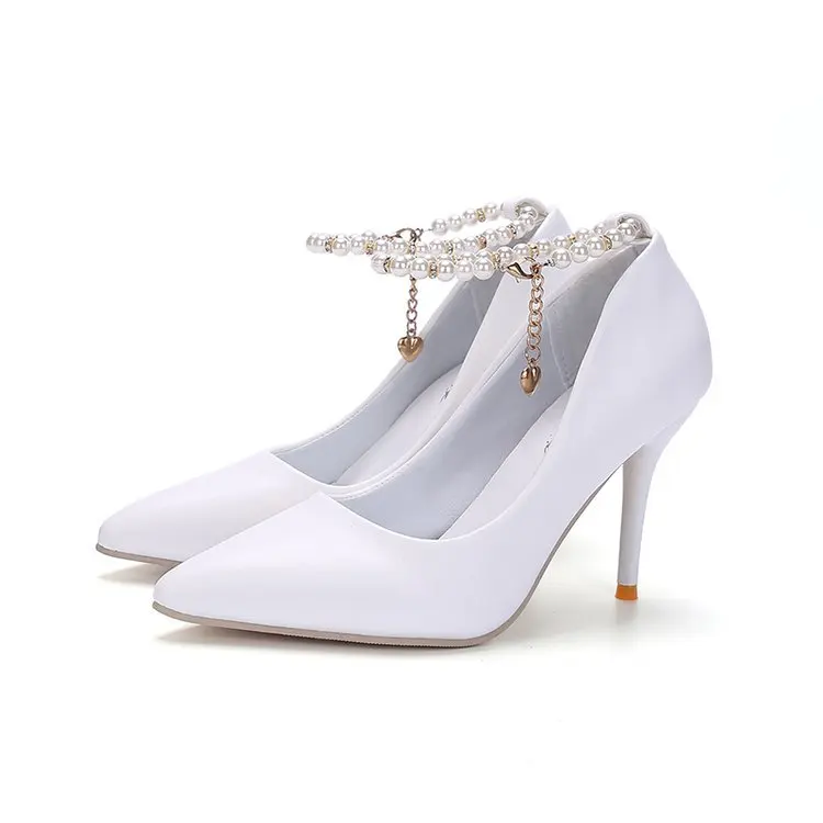 White Women Wedding Shoes Crystal Preal Ankle Strap Bridal Shoes Woman Dress Shoes Seay Pumps Sweet Party Shoes