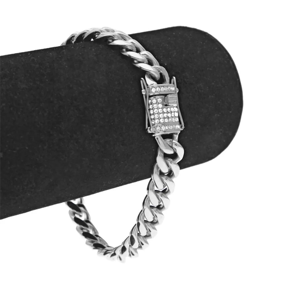 UWIN 10 мм мужской кубинский браслет со звеньями, стразы, застежка, золото, серебро, нержавеющая сталь, браслет-цепочка 21 см