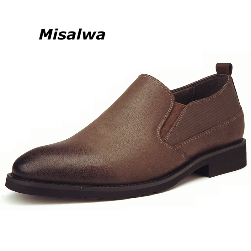 

Misalwa Solid Men leather Shoes Men Casual Leather Dress Shoes Khaki Slip on Elastic Band Business Loafers Drop Shipping New