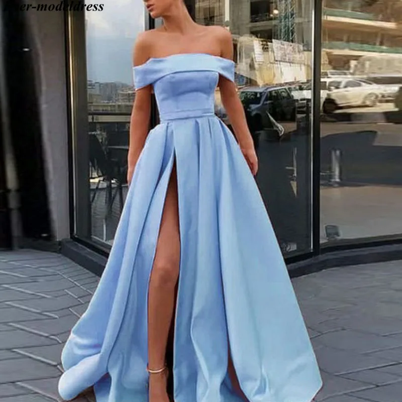 

Simple Long Evening Dresses 2020 With Split Off Shoulder Zipper Back Satin Vestidos De Festa Prom Dress Formal Gowns Cheap