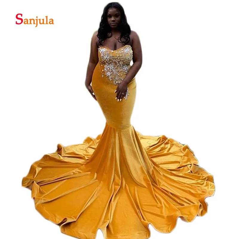 

Gold Velvet Mermaid Prom Dresses Long Sweetheart Off the Shoulder Black Girls Prom Gowns Sparkly Beaded Night Party Dress D986