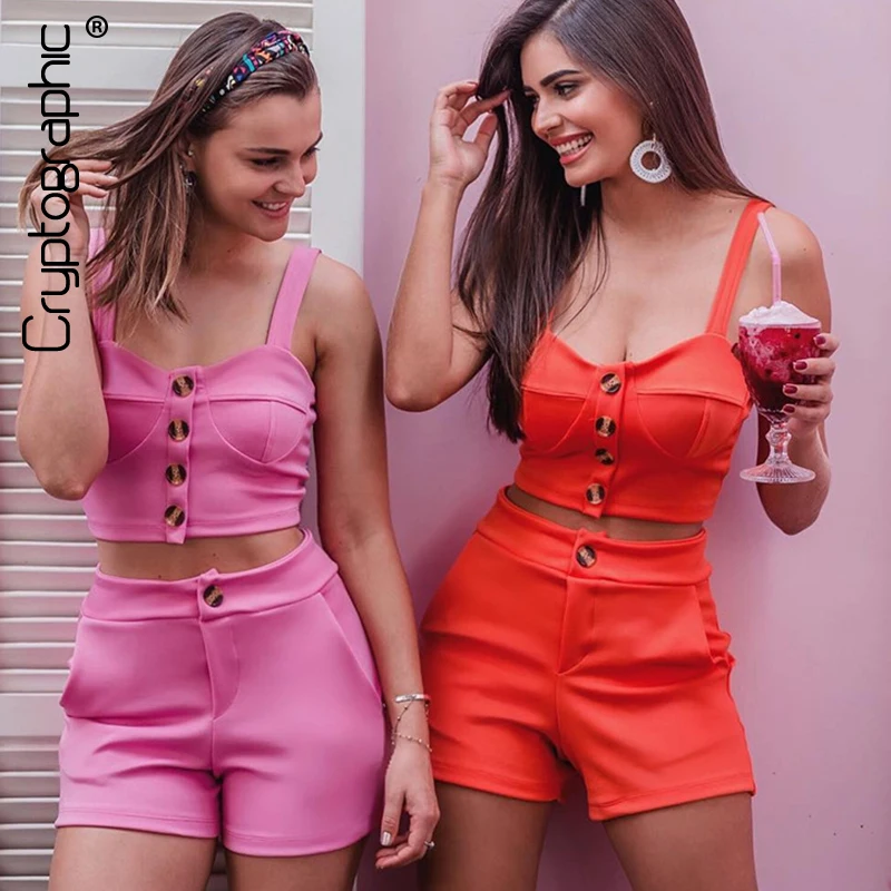 

Cryptographic Chic Fashion Outfits Button Top and Shorts Set Two Piece Summer Matching Sets Sexy Crop Tops High Waist Shorts