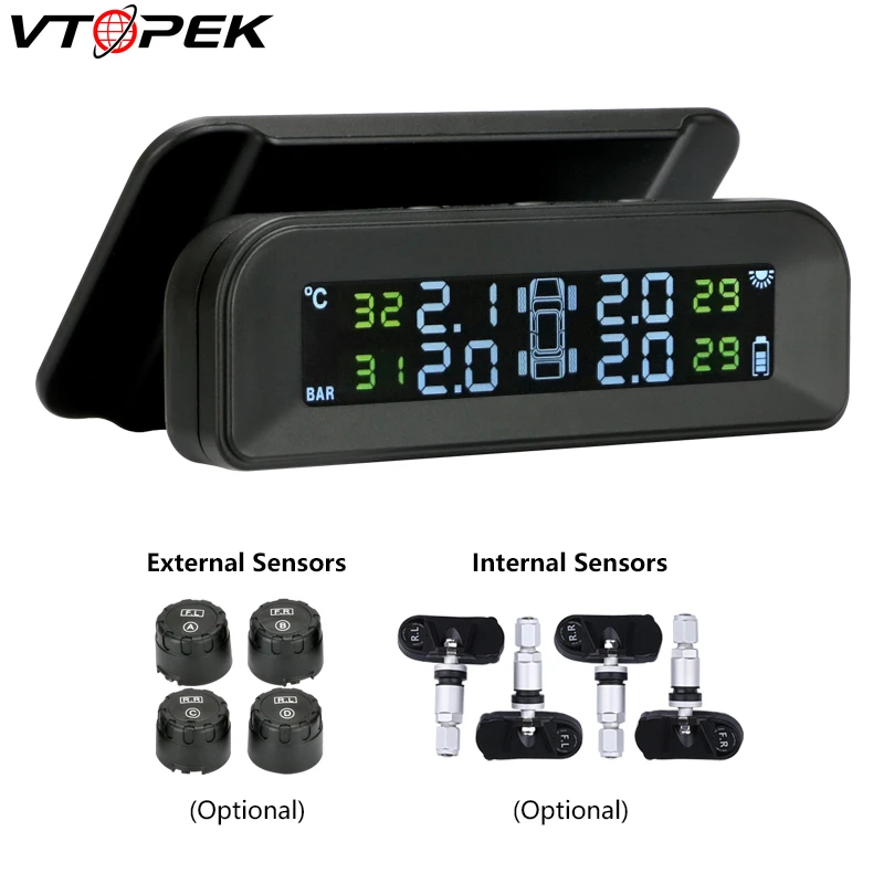 Vtopek TPMS система контроля давления в шинах с солнечной зарядкой для безопасности автомобиля, прикрепленная к стеклу вибрация, яркий сигнал тревоги давления