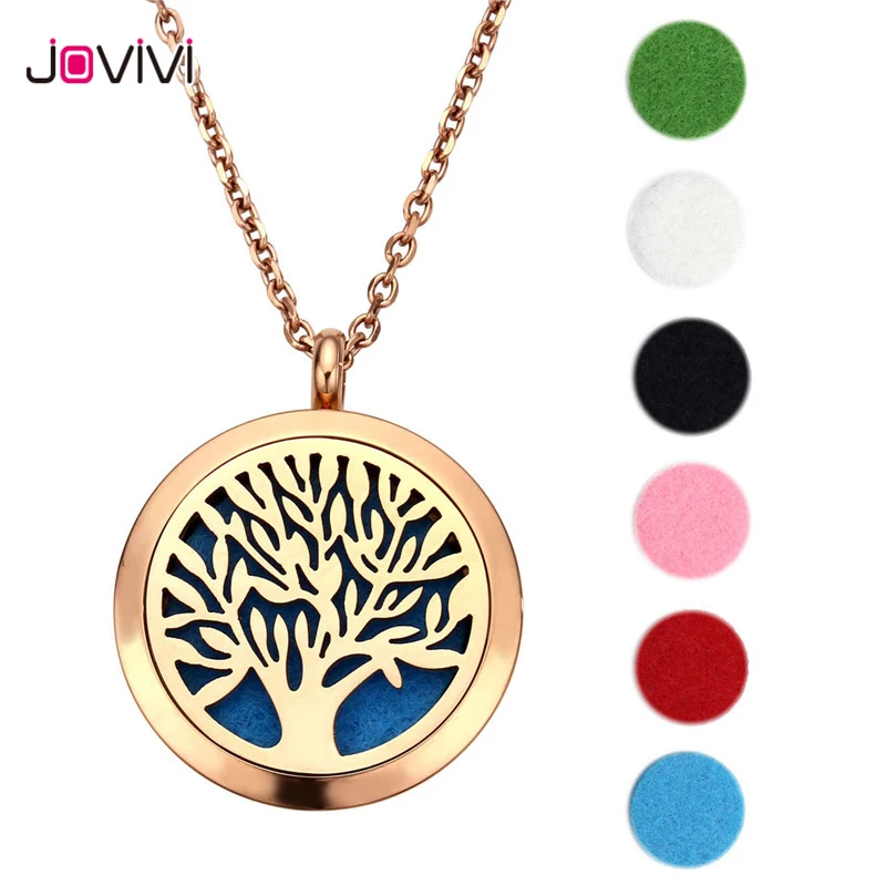 

30mm 316 Stainless Steel Golden Round Tree of Life Aromatherapy Essential Oil Diffuser Locket Pendant Necklace Fashion Jewelry