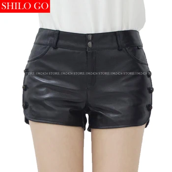 

Winter autumn fashion new women high quality sheepskin button metal roses decorative sexy pockets black leather shorts 3XL